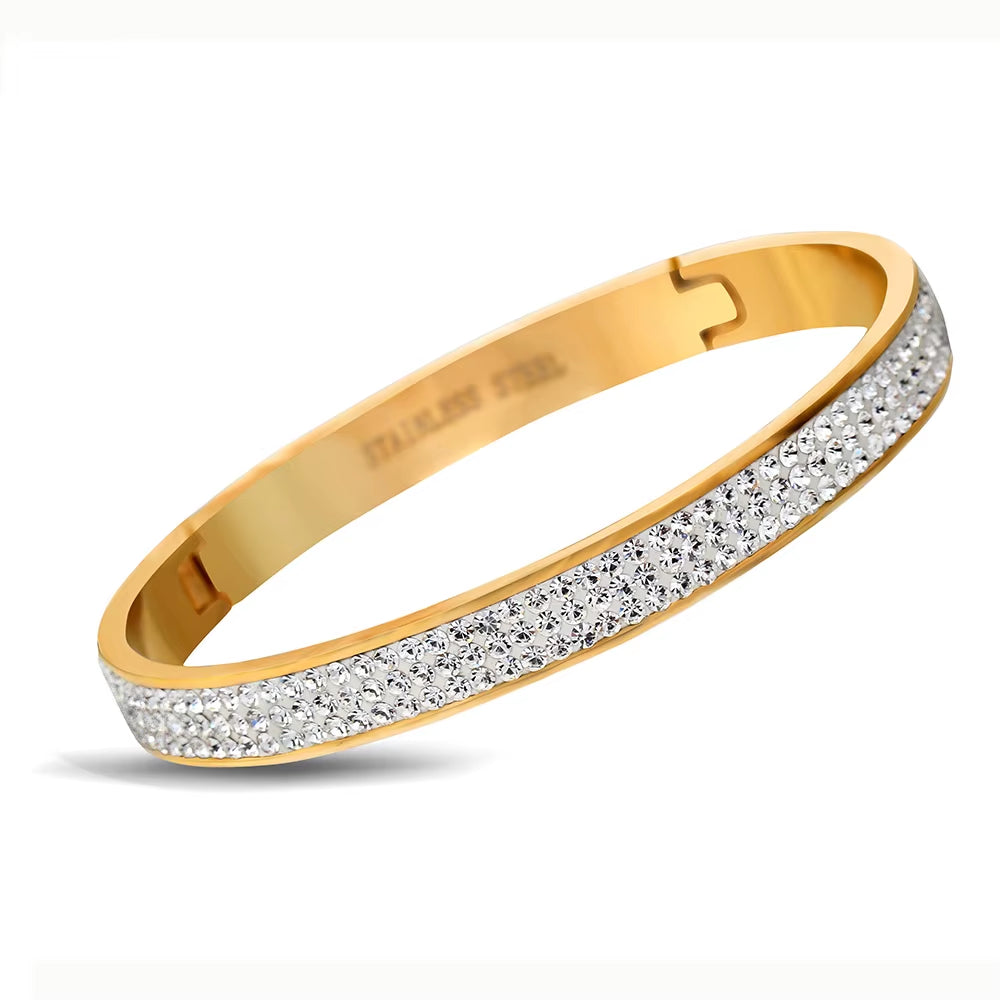 Luxury Famous Brand Jewelry Pulseira Gold Color Stainless Steel Bracelets & Bangles Female 3 Row Crystal Bracelet for Women