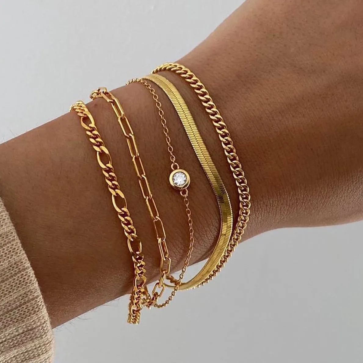 6 Piece Set Gold Color Luxury Bracelets for Women Zircon Shiny Simple Unisex Charm Chain Bracelet Punk Bangle Fashion Jewelry