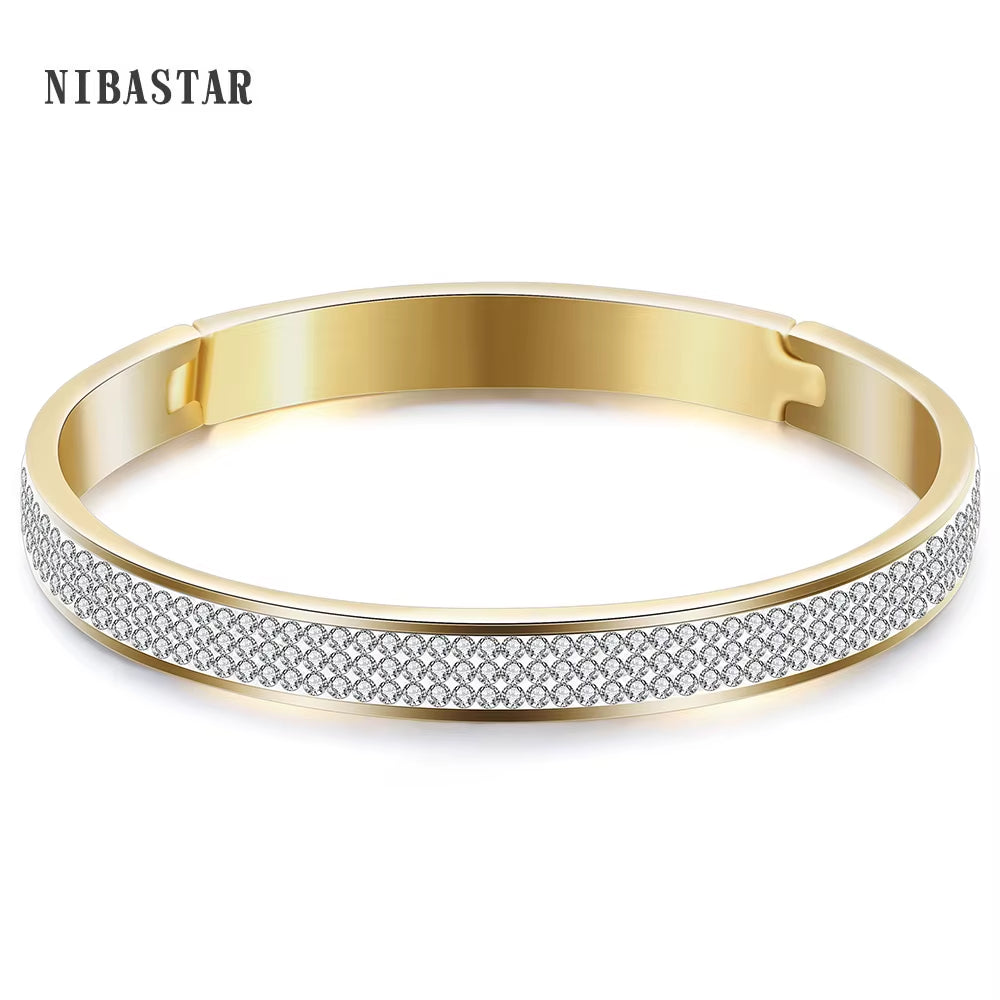 Luxury Famous Brand Jewelry Pulseira Gold Color Stainless Steel Bracelets & Bangles Female 3 Row Crystal Bracelet for Women
