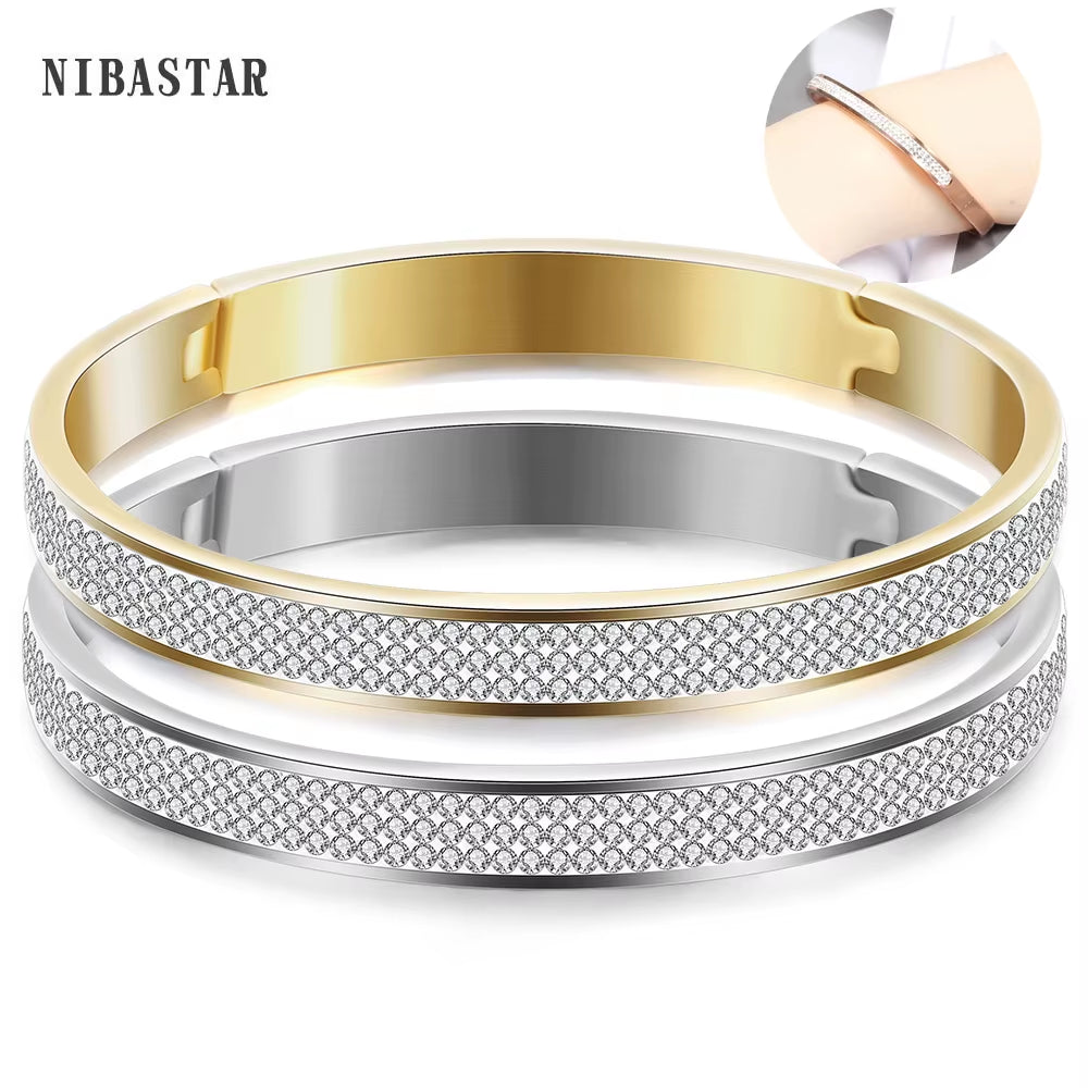 Luxury Famous Brand Jewelry Pulseira Gold Color Stainless Steel Bracelets & Bangles Female 3 Row Crystal Bracelet for Women