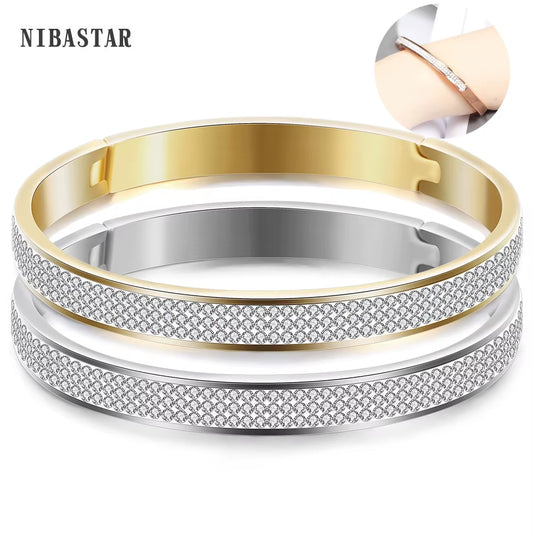 Luxury Famous Brand Jewelry Pulseira Gold Color Stainless Steel Bracelets & Bangles Female 3 Row Crystal Bracelet for Women